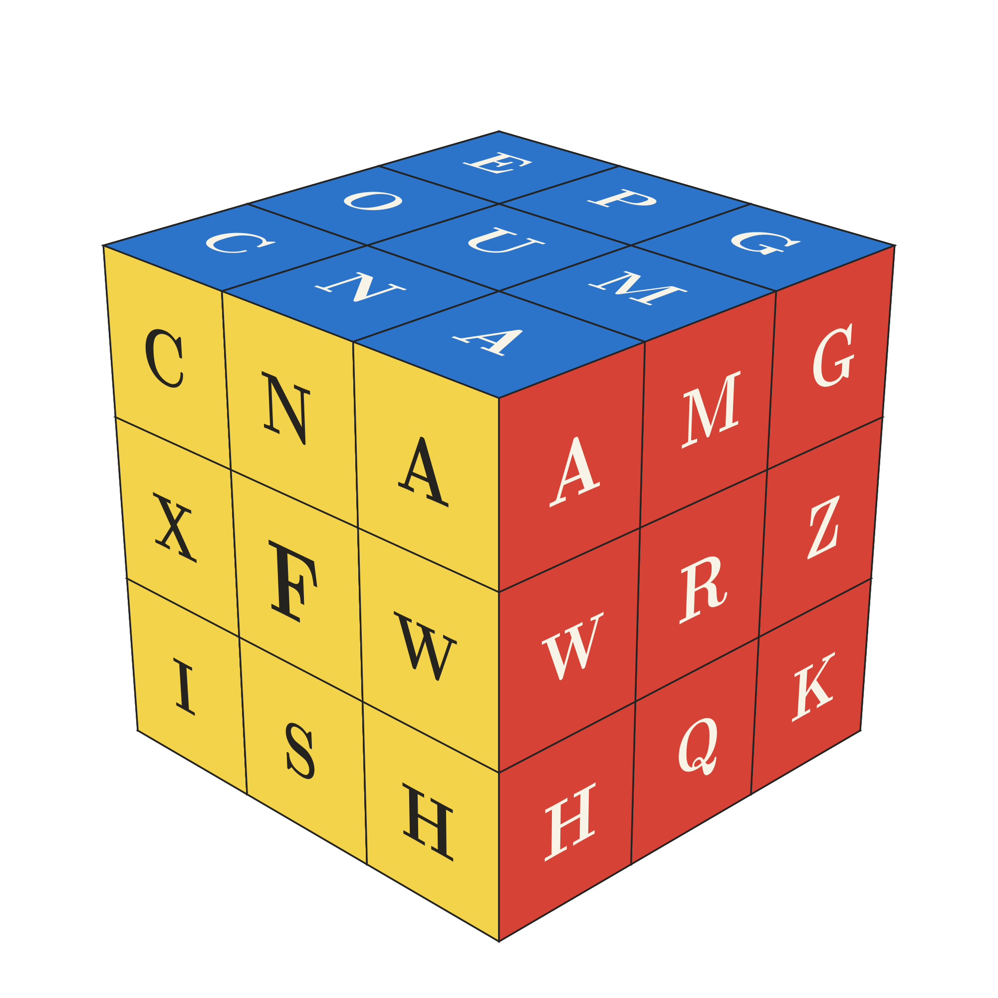 蓝色顶面、黄色正面、红色侧面的字母魔方示意图